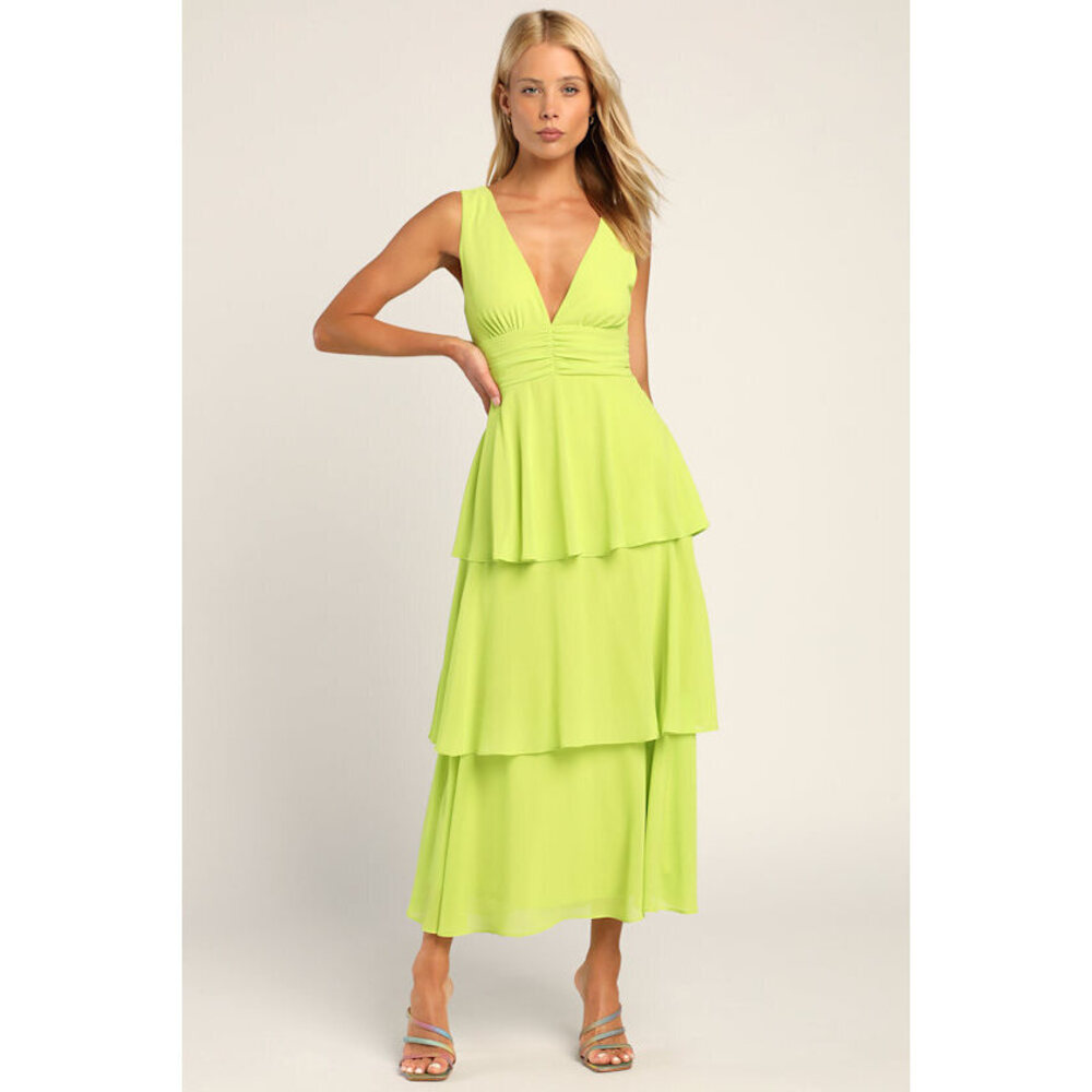 Lulus Celebration Time Lime Green Sleeveless Tiered Midi Dress - Size M